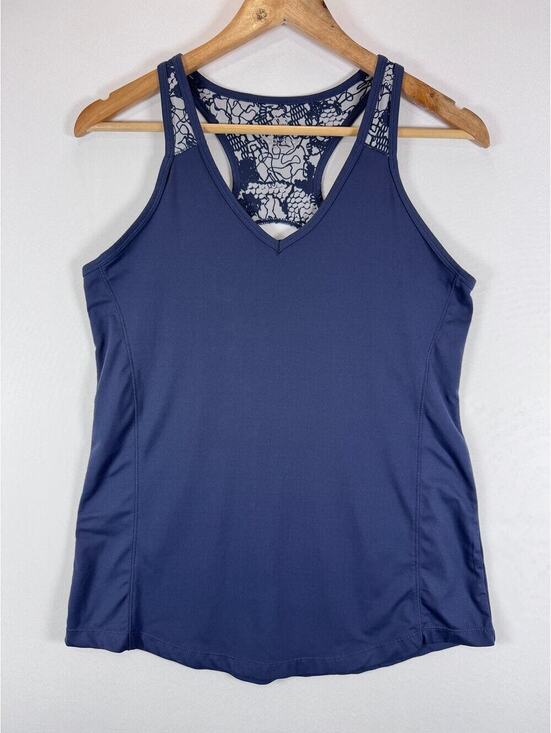 Apana Tops - Yoga Racerback Tank Top Floral Lace Back Workout Athleisure Navy Womens M Apana
